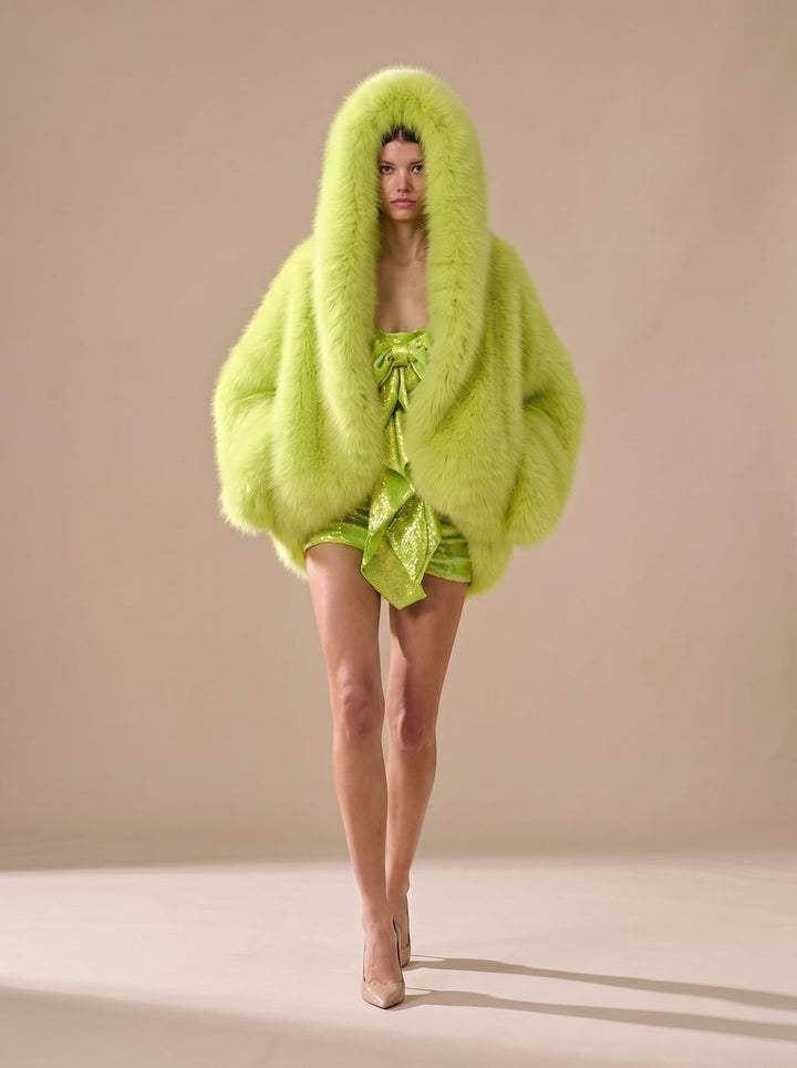 Women's Oversized Hooded Faux Fur Coat Long Sleeve Winter, Camel - Green