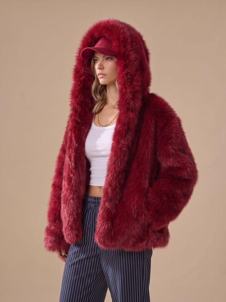 Women's Oversized Hooded Faux Fur Coat Long Sleeve Winter, Camel - Red
