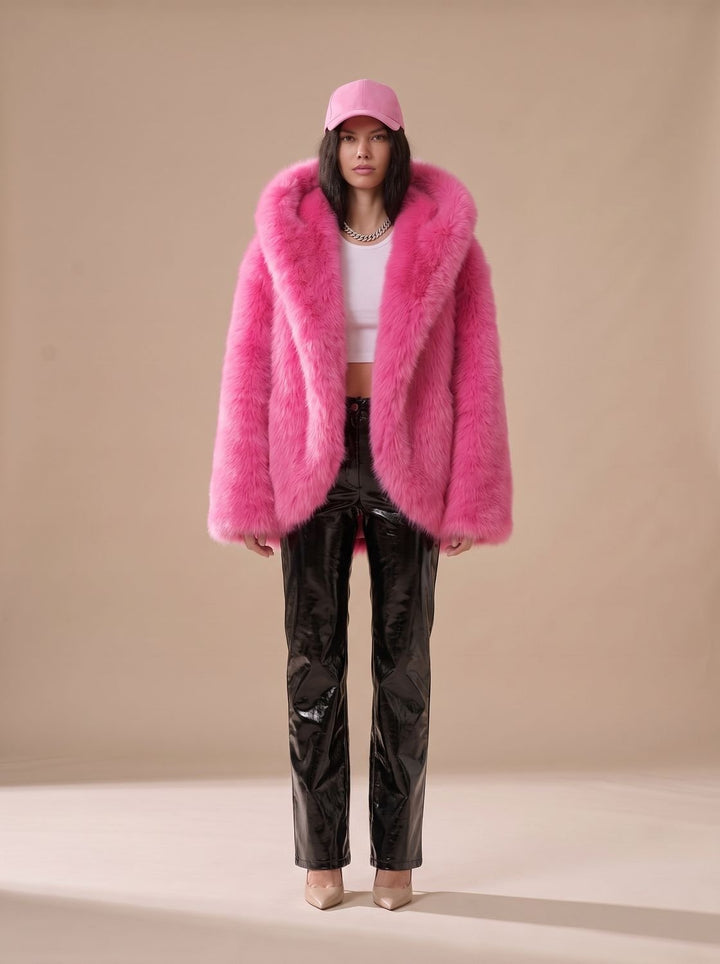 Women's Oversized Hooded Faux Fur Coat Long Sleeve Winter, Camel - Rose Red