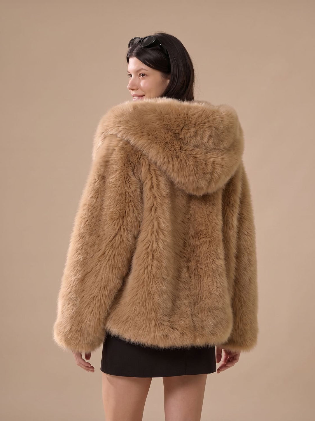 Women's Oversized Hooded Faux Fur Coat Long Sleeve Winter, Camel