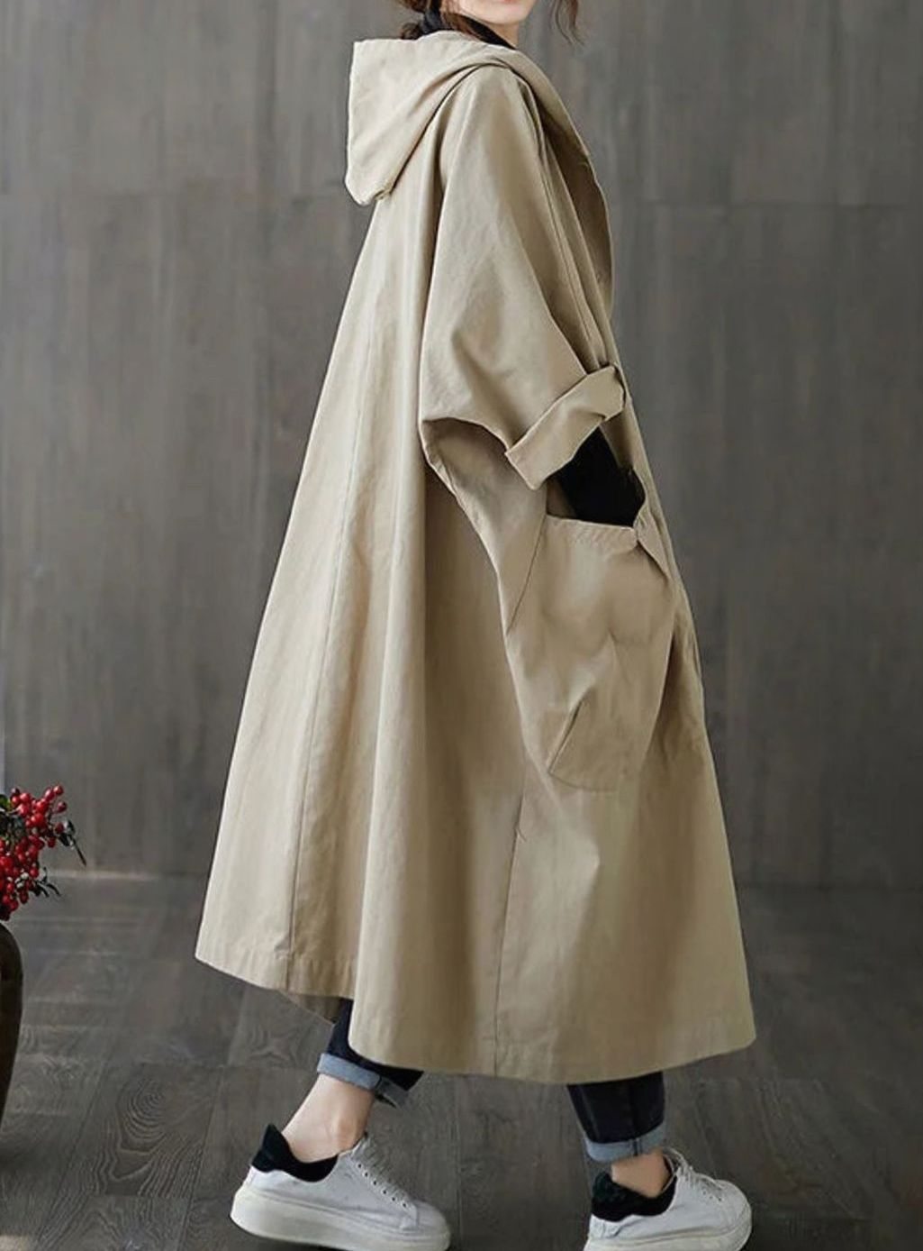 Women's Oversized Hooded Longline Casual Coat - Beige