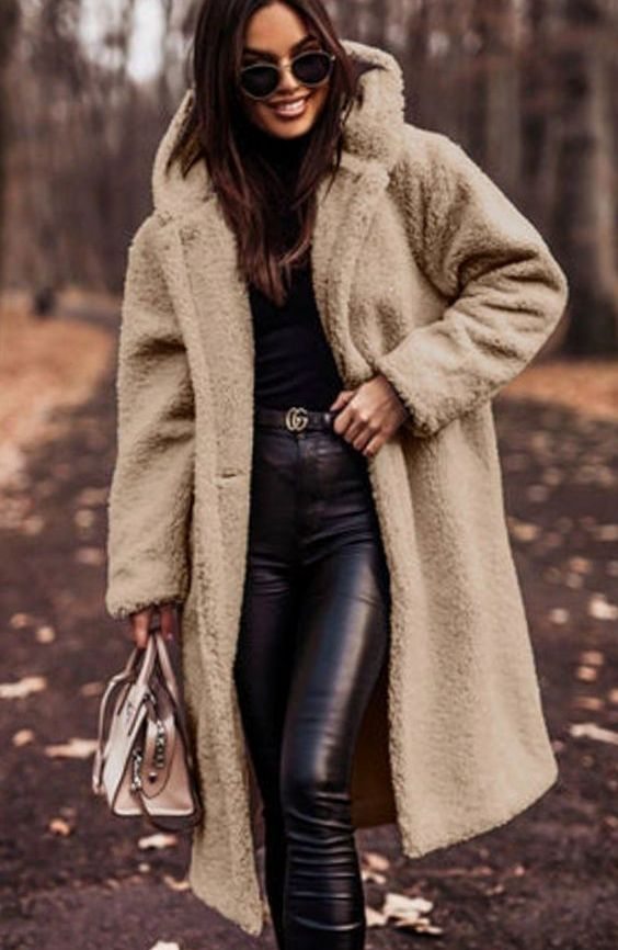 Women's Oversized Hooded Longline Faux Fur Winter Coat - Beige