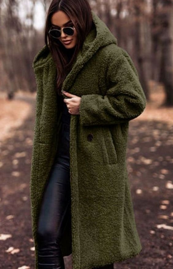 Women's Oversized Hooded Longline Faux Fur Winter Coat - Green