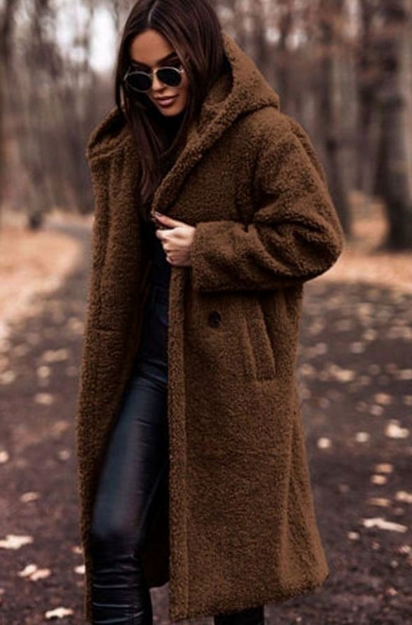 Women's Oversized Hooded Longline Faux Fur Winter Coat - Brown