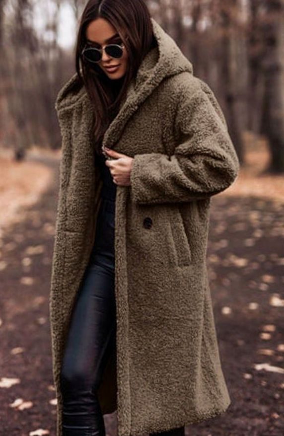 Women's Oversized Hooded Longline Faux Fur Winter Coat - Khaki