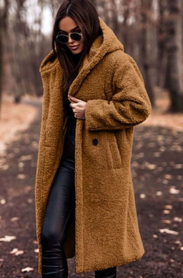 Women's Oversized Hooded Longline Faux Fur Winter Coat - Caramel