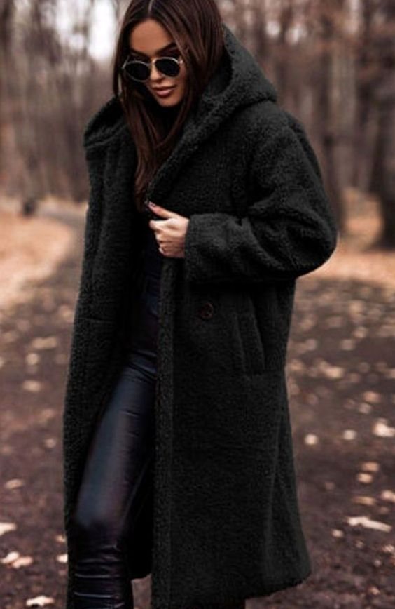 Women's Oversized Hooded Longline Faux Fur Winter Coat - Black