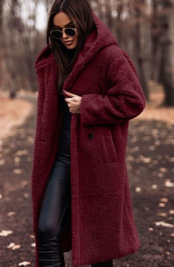 Women's Oversized Hooded Longline Faux Fur Winter Coat - Red