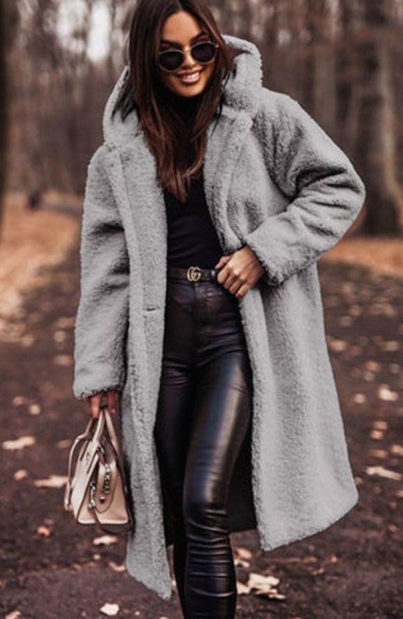 Women's Oversized Hooded Longline Faux Fur Winter Coat - Gray