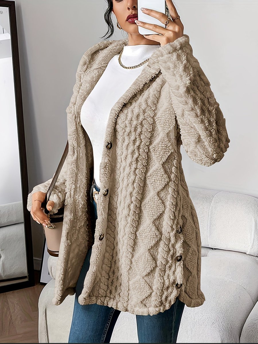 Women's Oversized Hooded Plush Fleece Button Cardigan - Khaki
