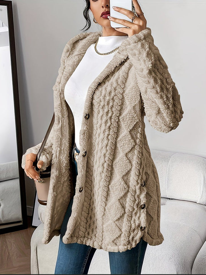 Women's Oversized Hooded Plush Fleece Button Cardigan - Khaki