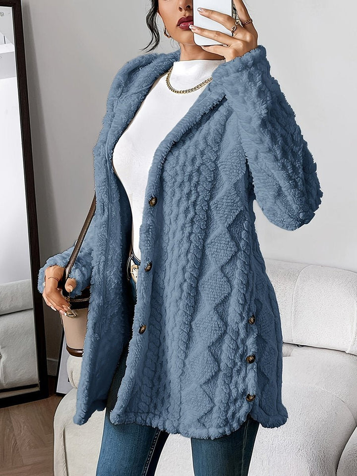 Women's Oversized Hooded Plush Fleece Button Cardigan - Denimblauw