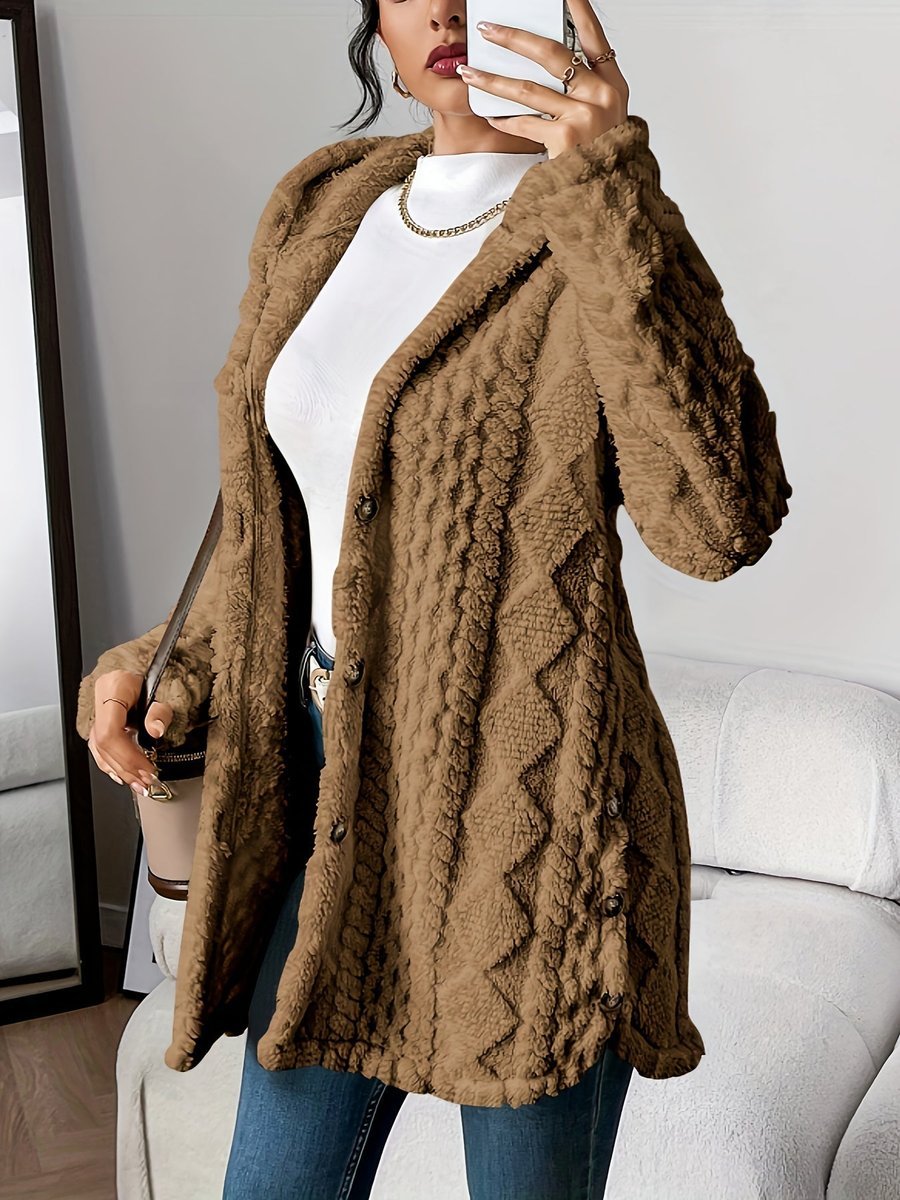 Women's Oversized Hooded Plush Fleece Button Cardigan - Bruin