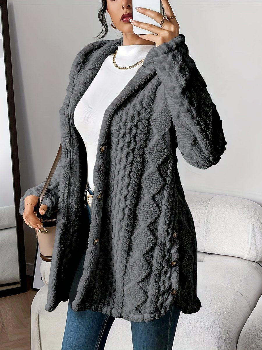 Women's Oversized Hooded Plush Fleece Button Cardigan - Grijs