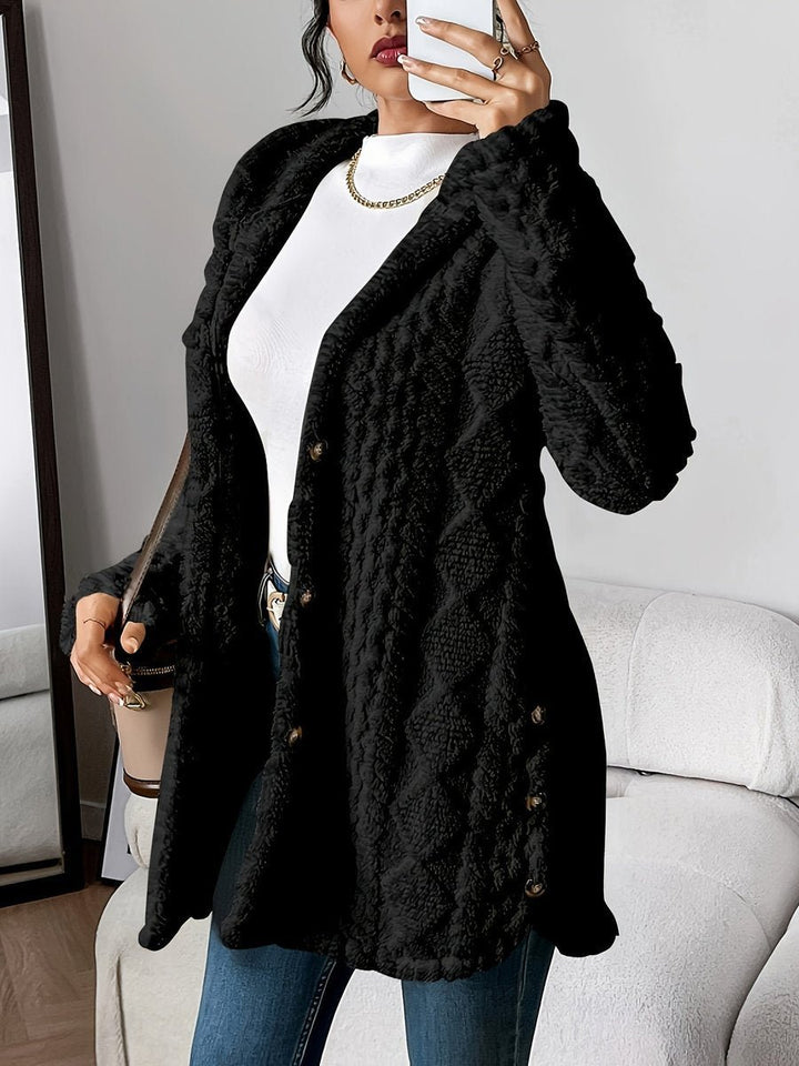 Women's Oversized Hooded Plush Fleece Button Cardigan - Zwart