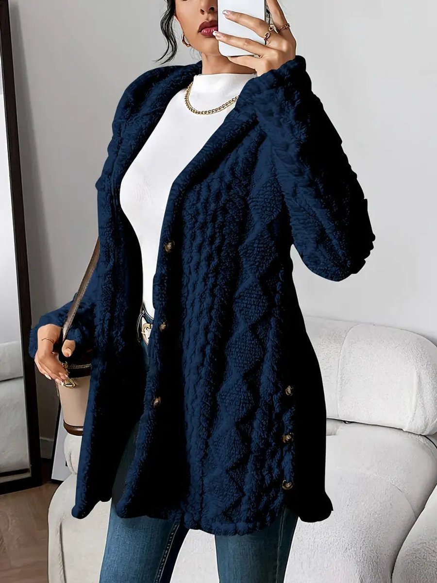 Women's Oversized Hooded Plush Fleece Button Cardigan - Marineblauw