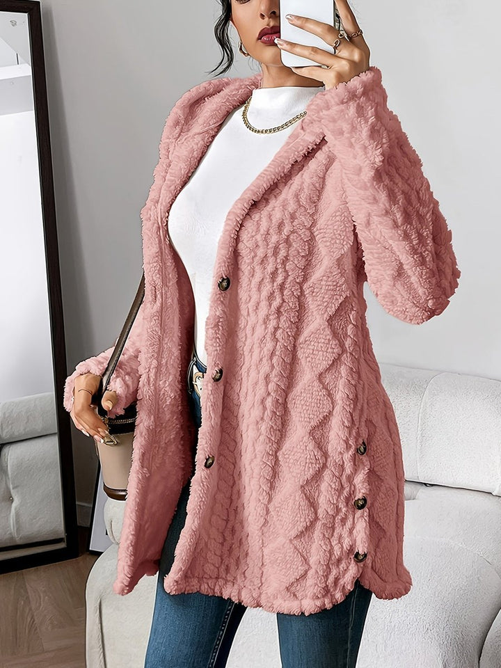 Women's Oversized Hooded Plush Fleece Button Cardigan - Roze