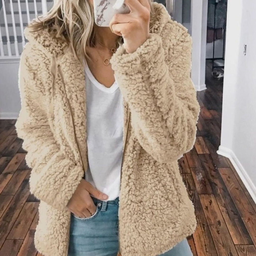Women's Oversized Hooded Teddy Fleece Zip-Up Coat - Beige