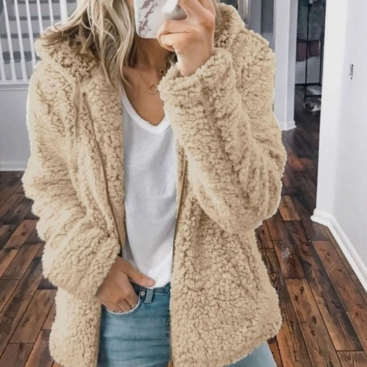 Women's Oversized Hooded Teddy Fleece Zip-Up Coat - Beige