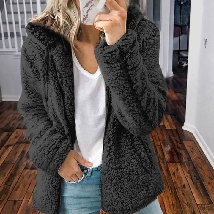 Women's Oversized Hooded Teddy Fleece Zip-Up Coat - Black