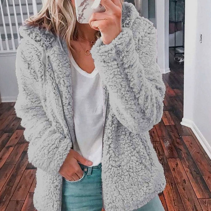 Women's Oversized Hooded Teddy Fleece Zip-Up Coat - Light Gray