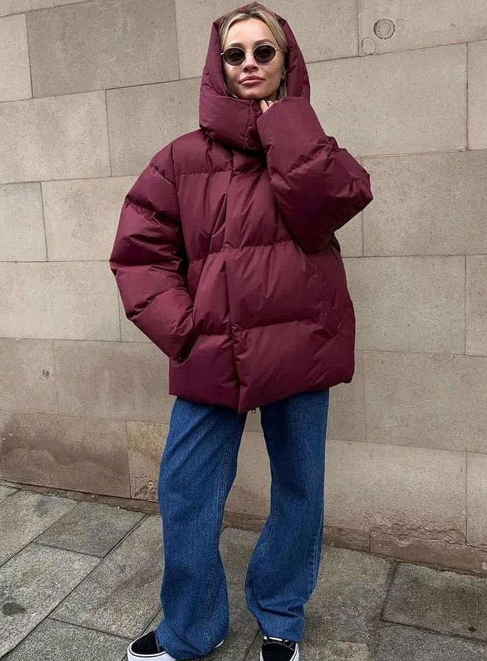 Women's Oversized Hooded Warm Puffer Jacket - Dark Red