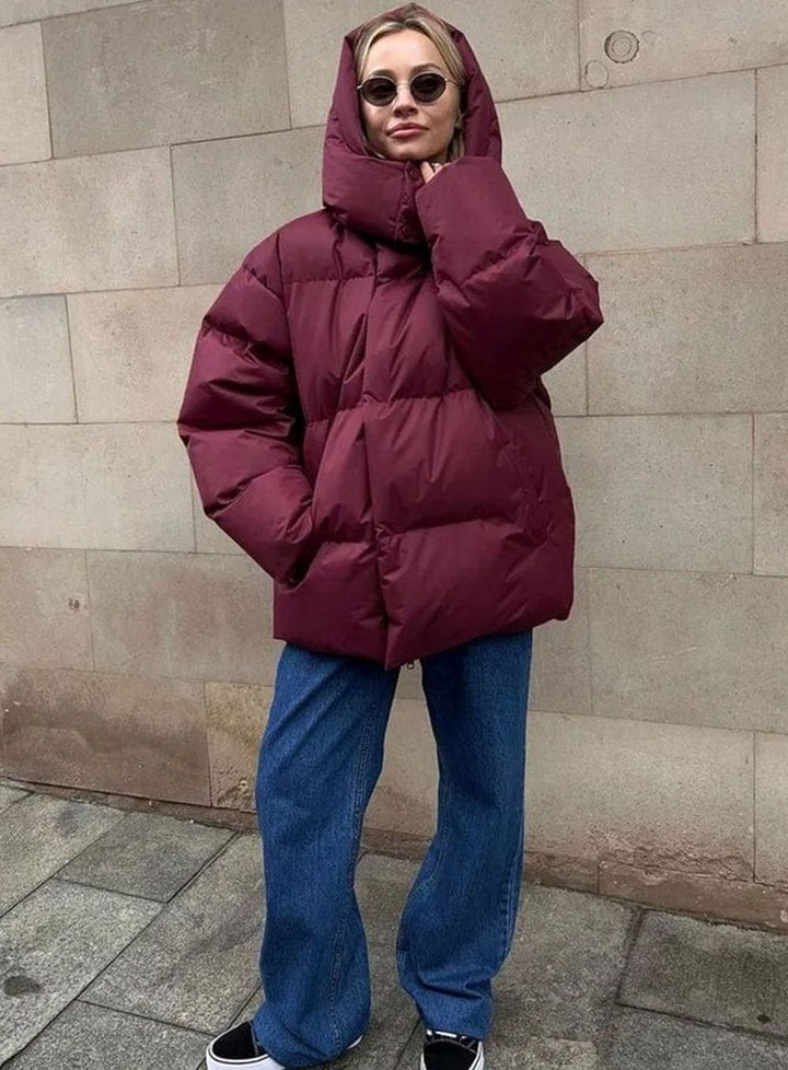 Women's Oversized Hooded Warm Puffer Jacket - Dark Red