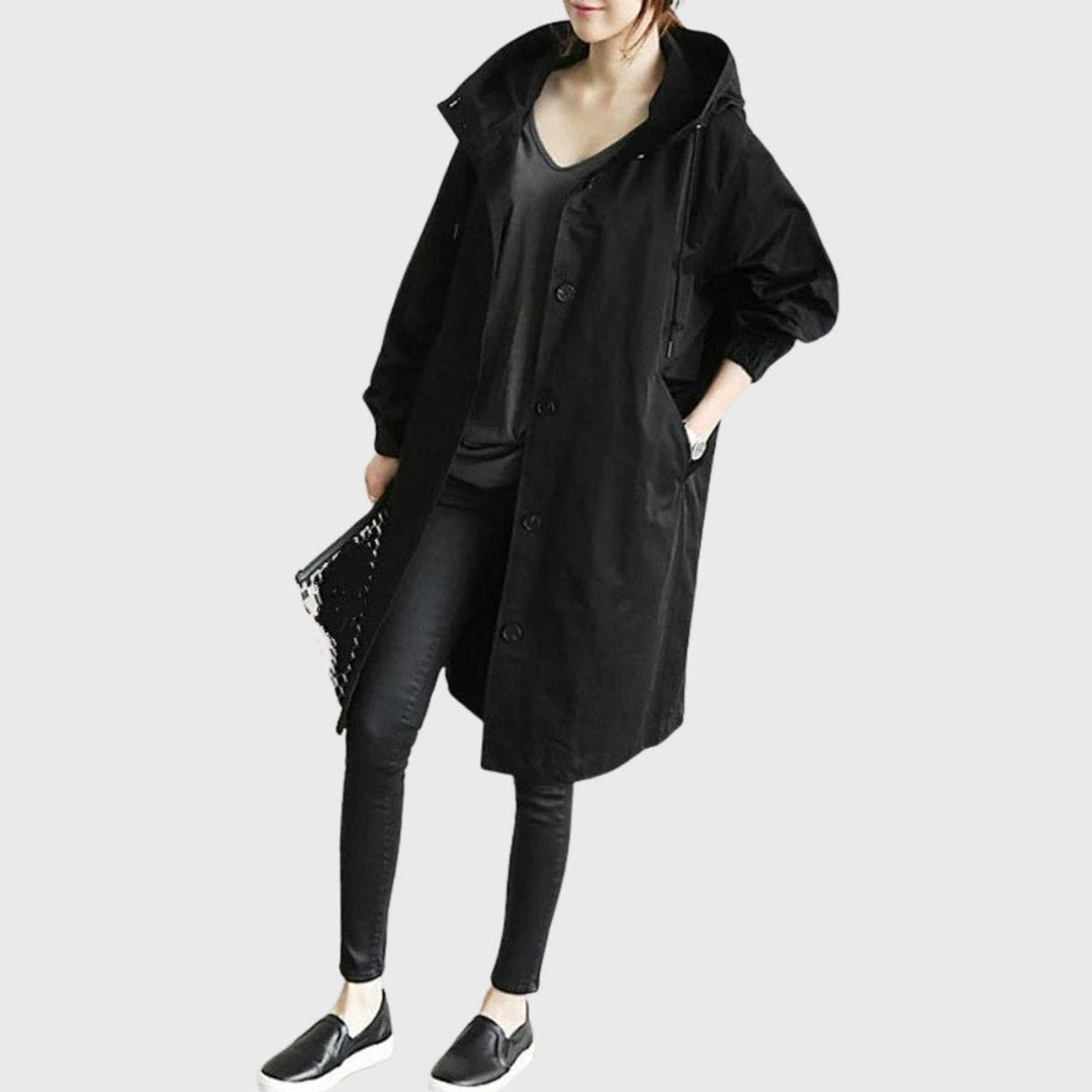 Women's Oversized Hooded Water-Repellent Long Trench Coat - Zwart