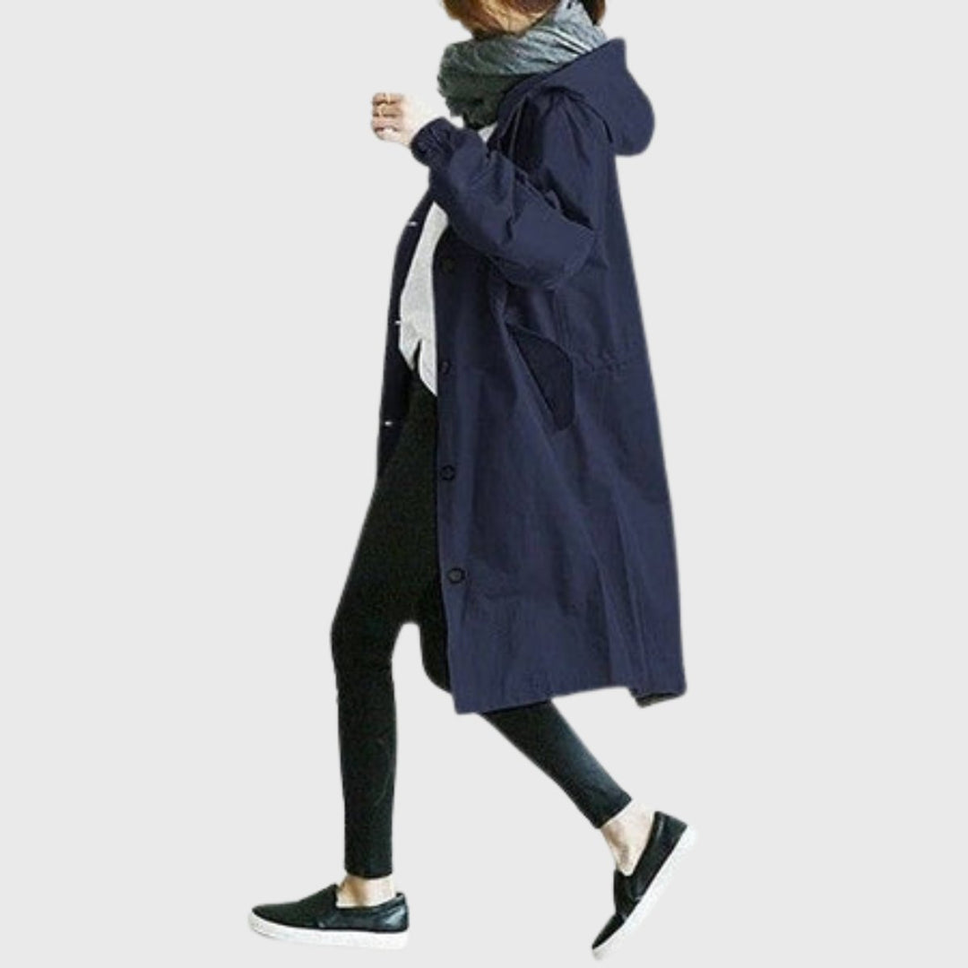 Women's Oversized Hooded Water-Repellent Long Trench Coat - Blauw