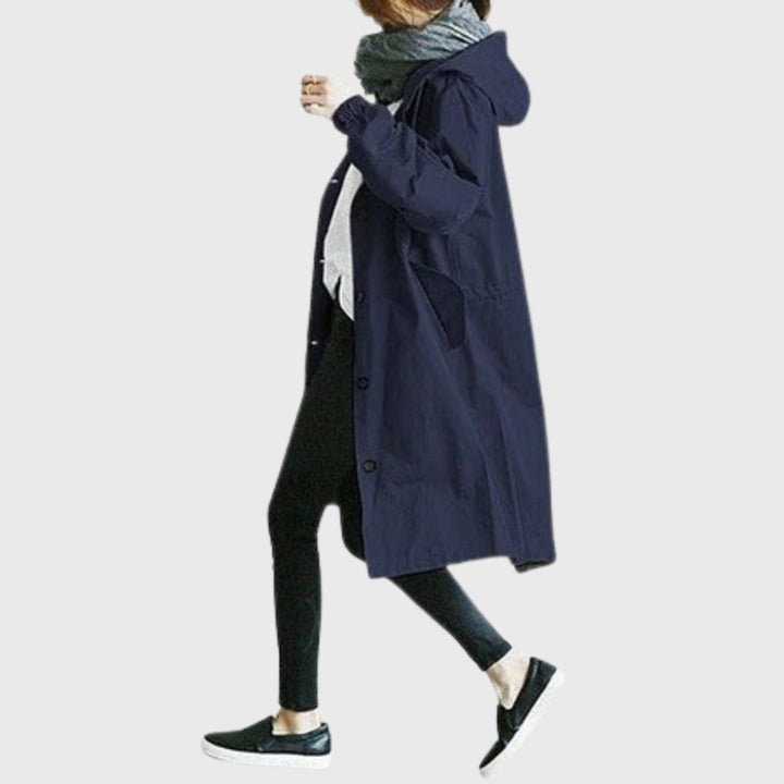 Women's Oversized Hooded Water-Repellent Long Trench Coat - Blauw