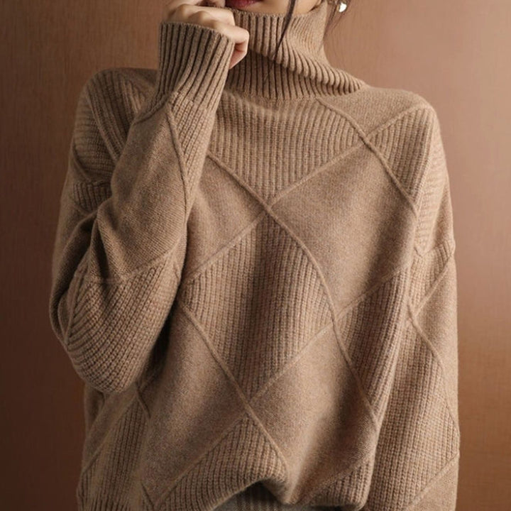 Women's Oversized Mock-Neck Diamond Ribbed Knit Sweater - Brown