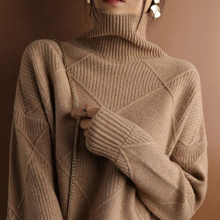 Women's Oversized Mock-Neck Diamond Ribbed Knit Sweater