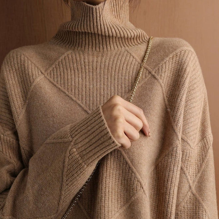 Women's Oversized Mock-Neck Diamond Ribbed Knit Sweater