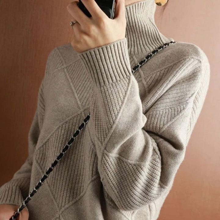 Women's Oversized Mock-Neck Diamond Ribbed Knit Sweater