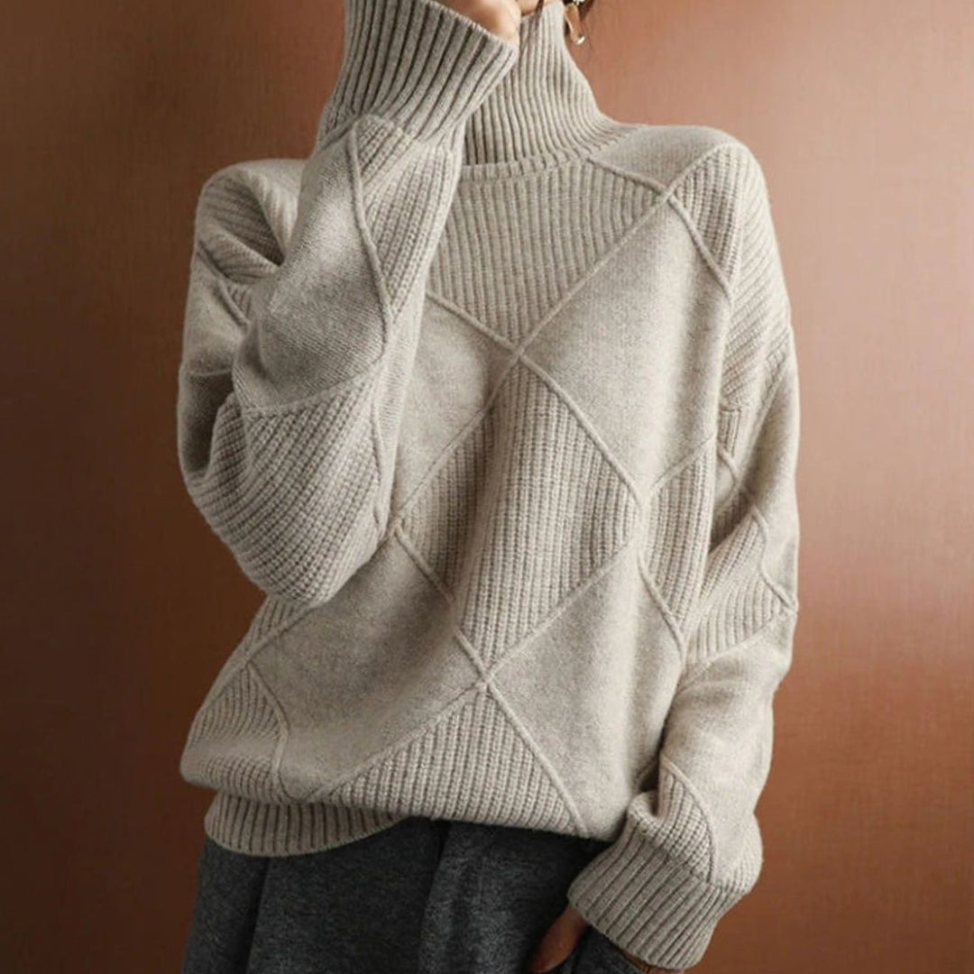 Women's Oversized Mock-Neck Diamond Ribbed Knit Sweater - Khaki