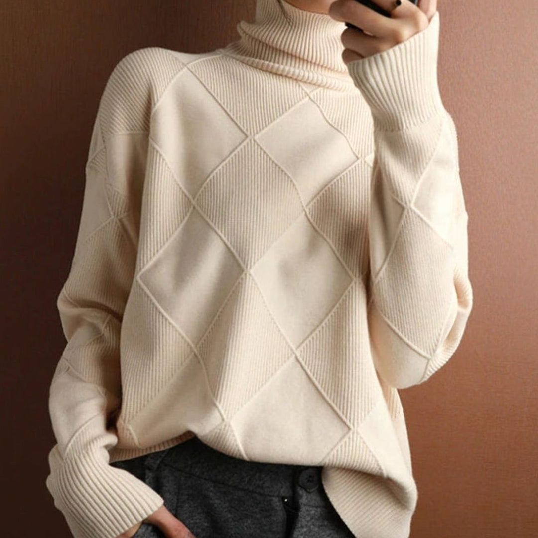 Women's Oversized Mock-Neck Diamond Ribbed Knit Sweater