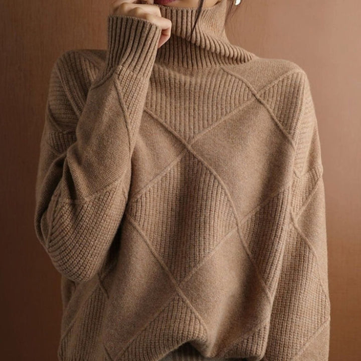 Women's Oversized Mock-Neck Diamond Ribbed Knit Sweater