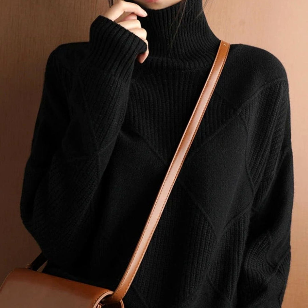 Women's Oversized Mock-Neck Diamond Ribbed Knit Sweater - Black