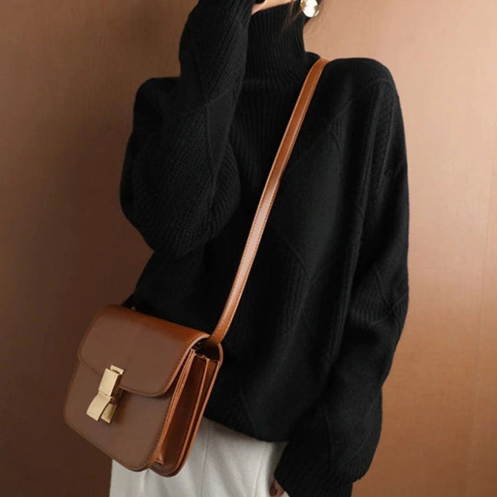 Women's Oversized Mock-Neck Diamond Ribbed Knit Sweater