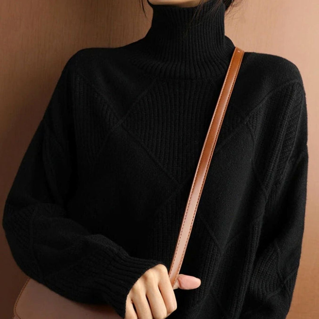 Women's Oversized Mock-Neck Diamond Ribbed Knit Sweater
