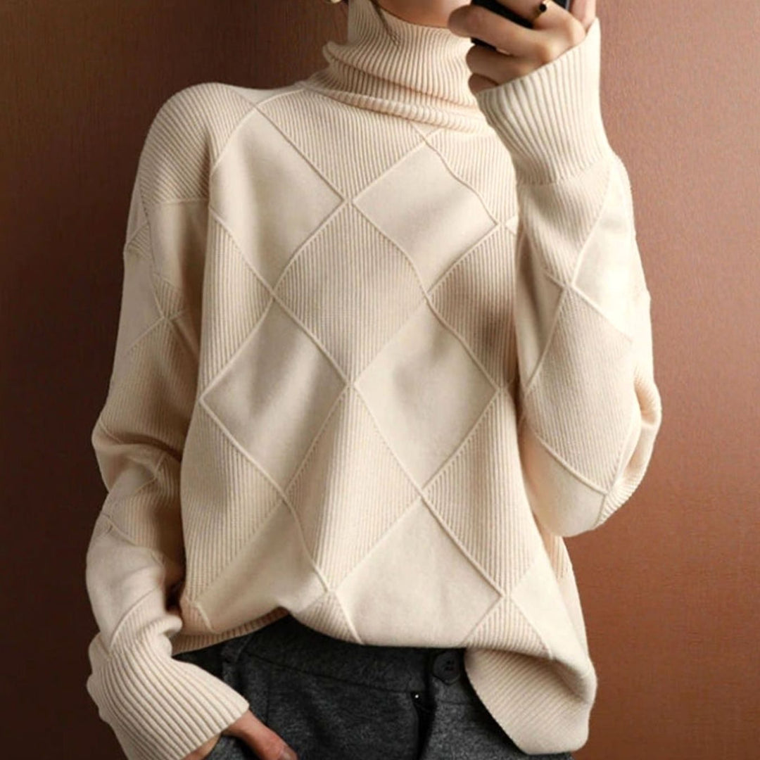 Women's Oversized Mock-Neck Diamond Ribbed Knit Sweater - Beige