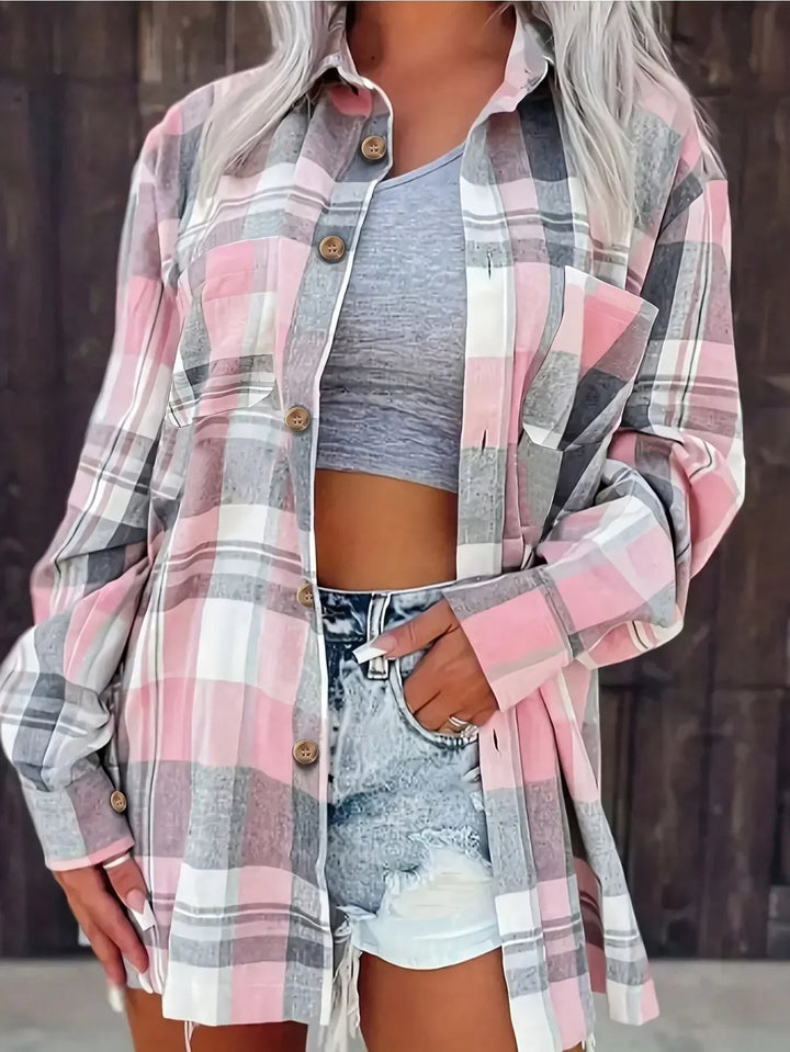 Women's Oversized Plaid Flannel Long-Sleeve Button-Up Shirt - Pink