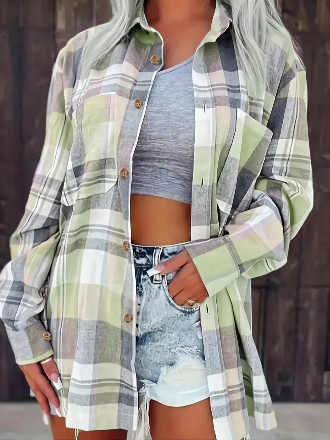 Women's Oversized Plaid Flannel Long-Sleeve Button-Up Shirt - Green