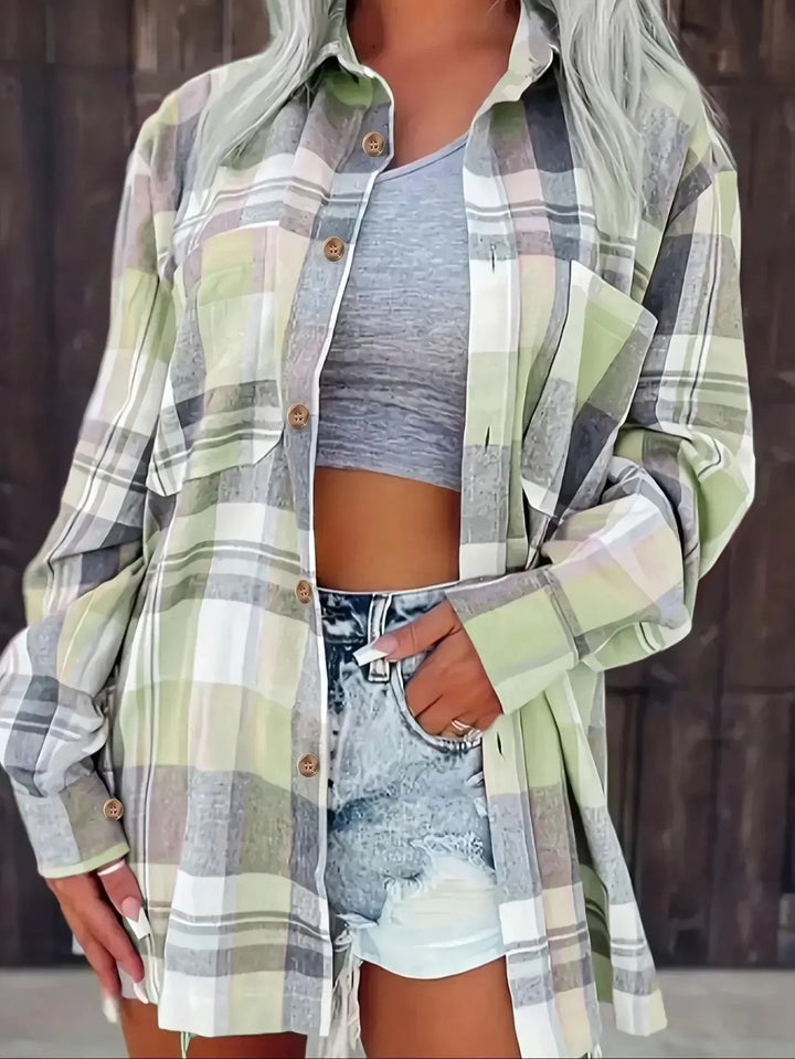 Women's Oversized Plaid Flannel Long-Sleeve Button-Up Shirt - Green