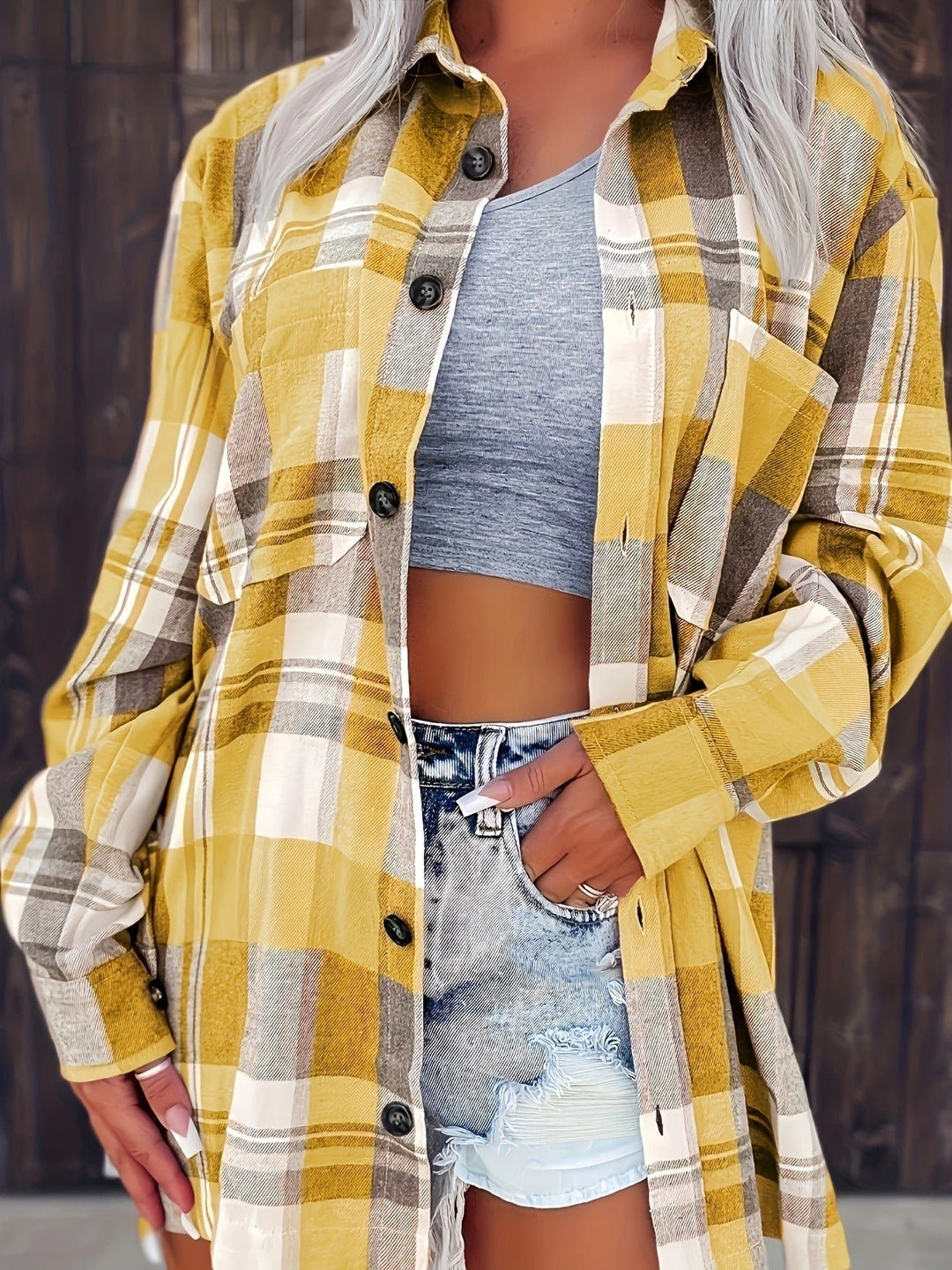 Women's Oversized Plaid Flannel Long-Sleeve Button-Up Shirt - Yellow