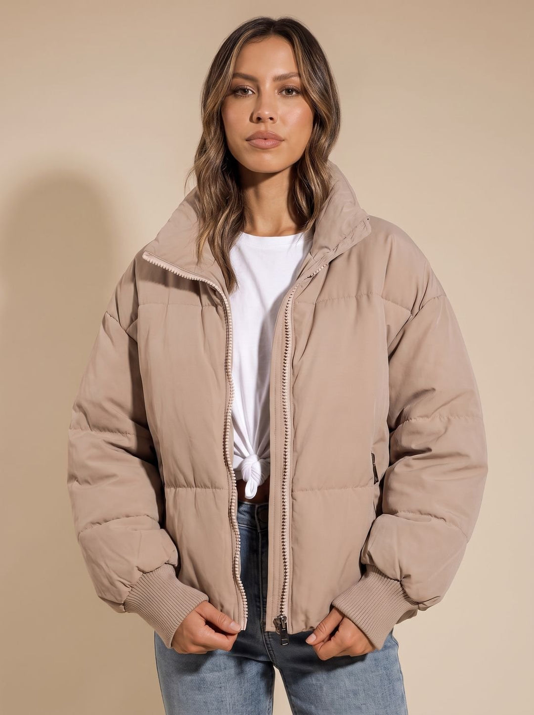 Women's Oversized Puffer Jacket Stand Collar Full-Zip Ribbed Cuffs - Khaki
