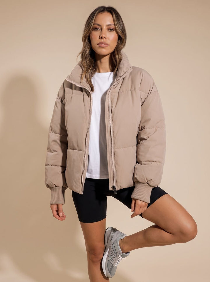 Women's Oversized Puffer Jacket Stand Collar Full-Zip Ribbed Cuffs