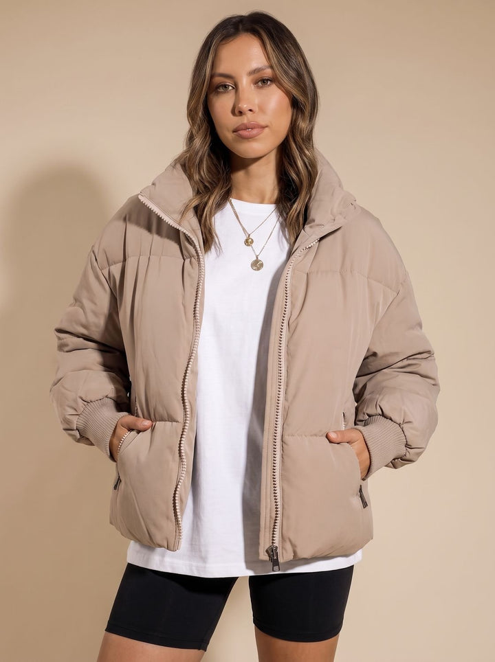 Women's Oversized Puffer Jacket Stand Collar Full-Zip Ribbed Cuffs