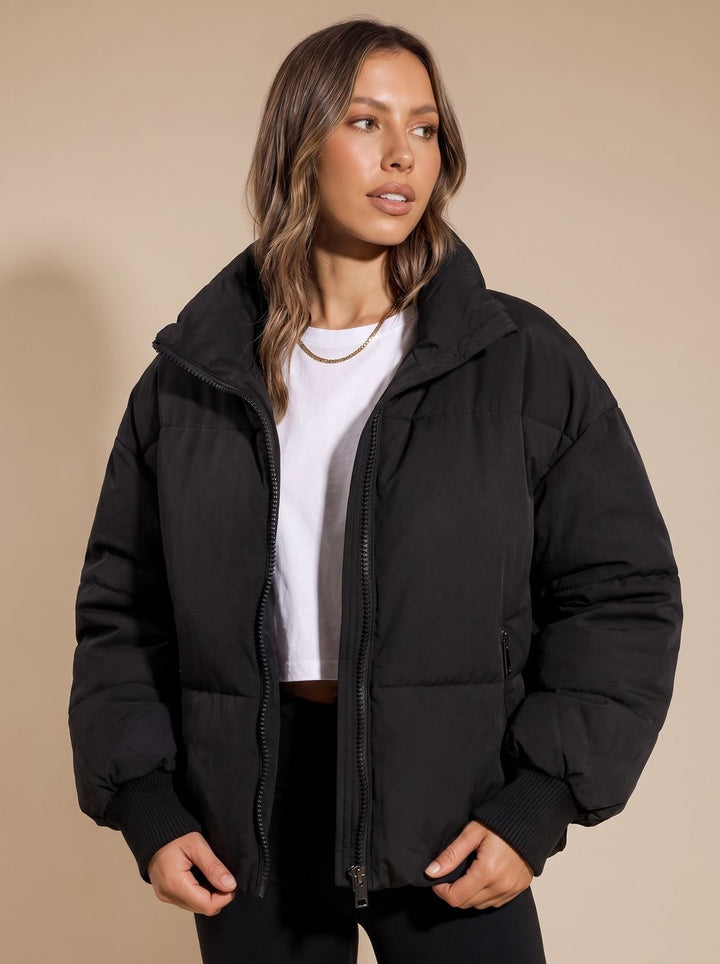 Women's Oversized Puffer Jacket Stand Collar Full-Zip Ribbed Cuffs - Black