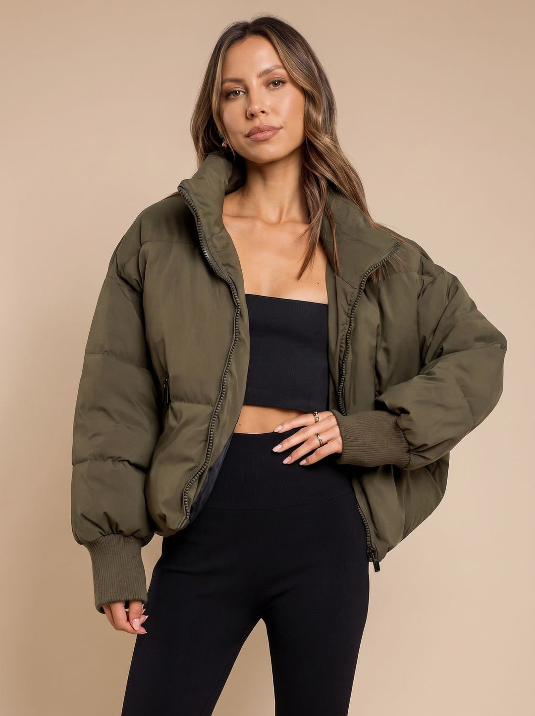Women's Oversized Puffer Jacket Stand Collar Full-Zip Ribbed Cuffs - Green